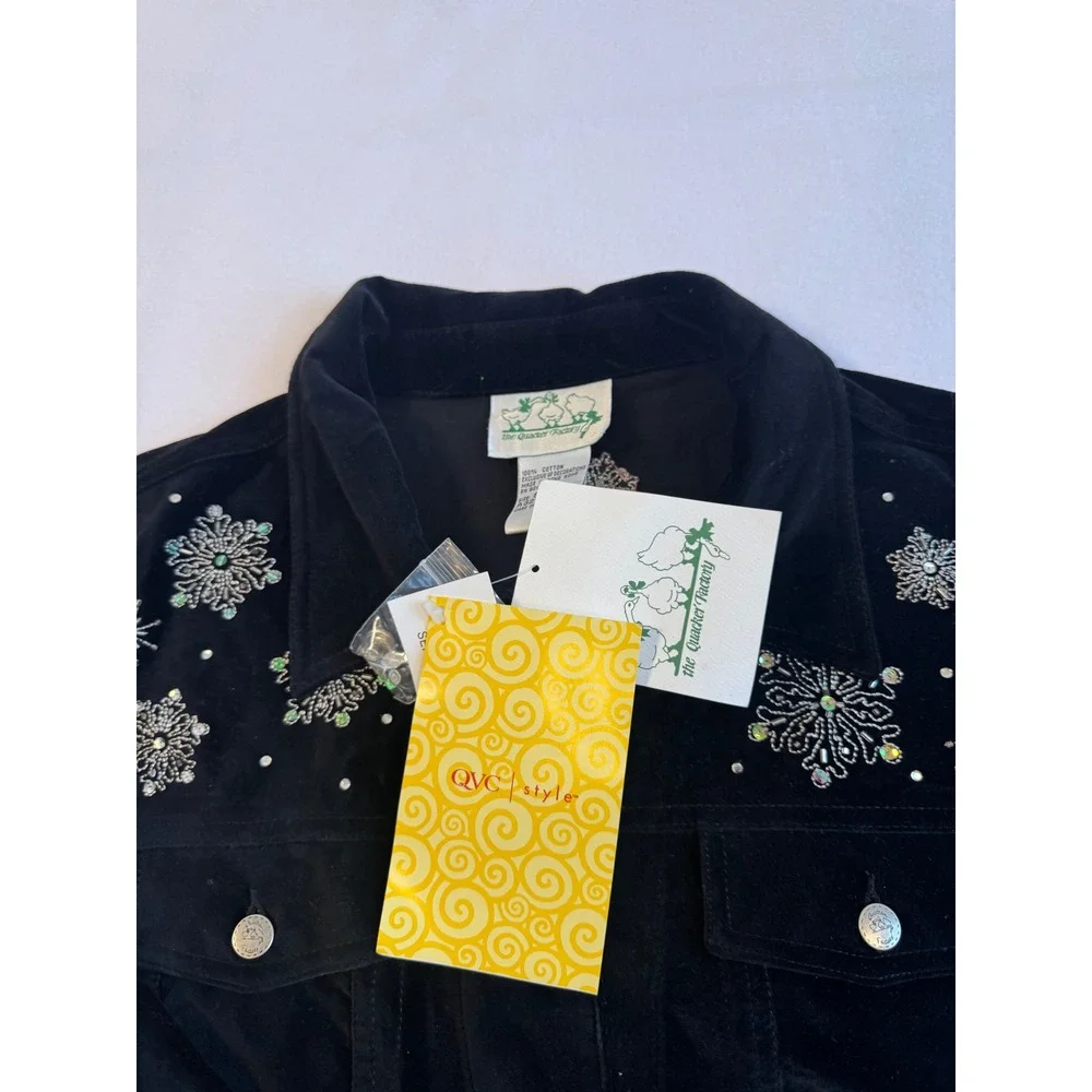Vintage Deadstock The‎ Quacker Factory Jacket Women Small Black Velvet Snowman